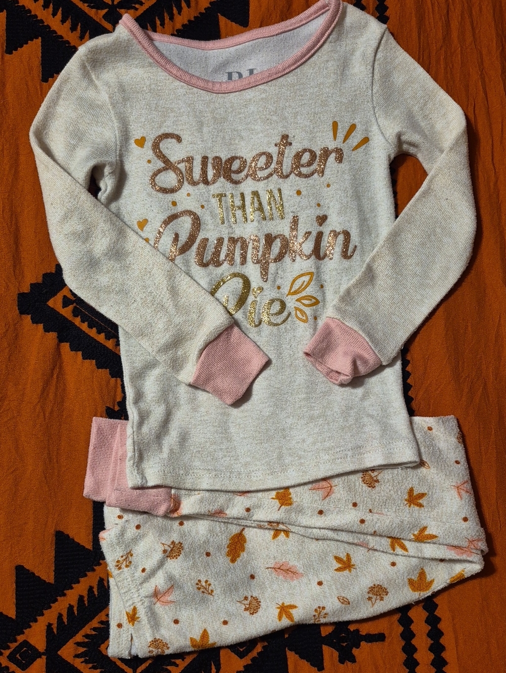 Essentials Cream and Pink Long Sleeve Pajama Set with Gold Script